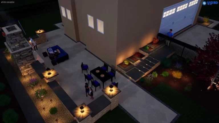 A modern backyard at night with people socializing, outdoor seating, and illuminated pathways.