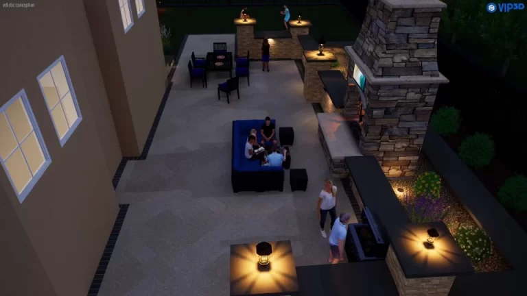 People gather on a well-lit backyard patio with sofas, tables, and an outdoor fireplace at night.