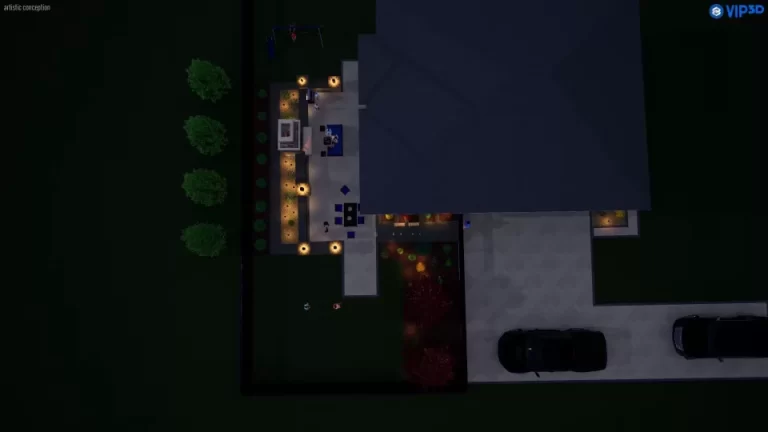 Aerial night view of a house with a lit backyard patio, garden, driveway, and parked cars.