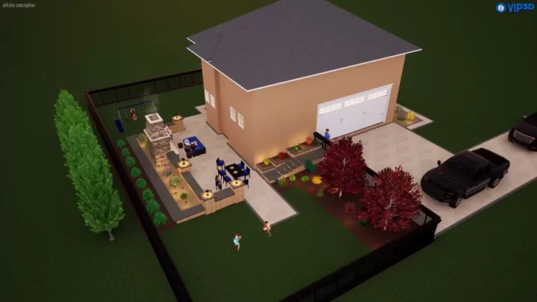 Aerial view of a house with a fenced backyard, outdoor seating, garden, and parked cars in the driveway.