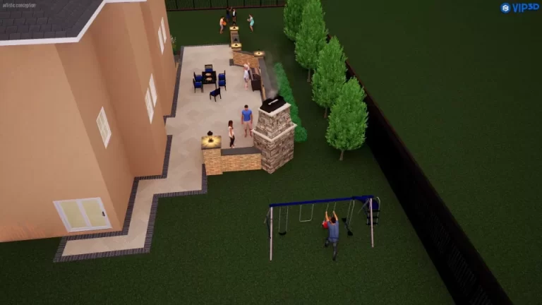 A backyard scene with people on a patio, some near a fireplace, and two kids on swings by a fence.