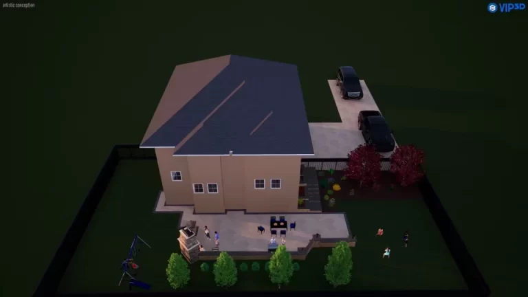 Aerial view of a house with a backyard, patio, parked cars, playground, and several people outside.