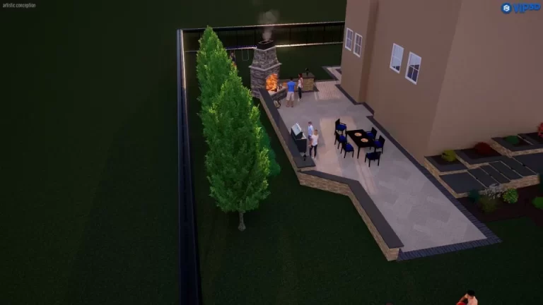 A backyard patio with people grilling, eating at tables, and trees lining the fence at dusk.