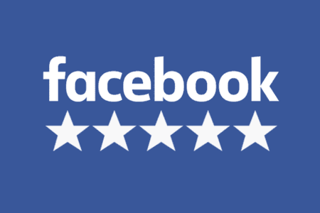 Facebook logo above five white stars on a blue background, suggesting a five-star rating.