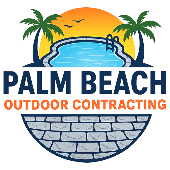 Logo with a pool, palm trees, sunset, and text: "Palm Beach Outdoor Contracting" above a stone pattern.