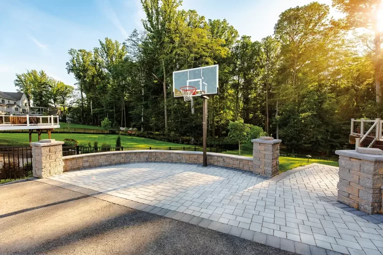 Basketball hoop on a paved driveway with trees and a grassy yard in the background, during sunset.