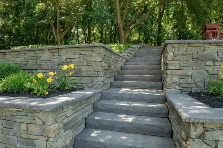 Stone steps with retaining walls and yellow flowers lead up to a wooded area with lush green trees.