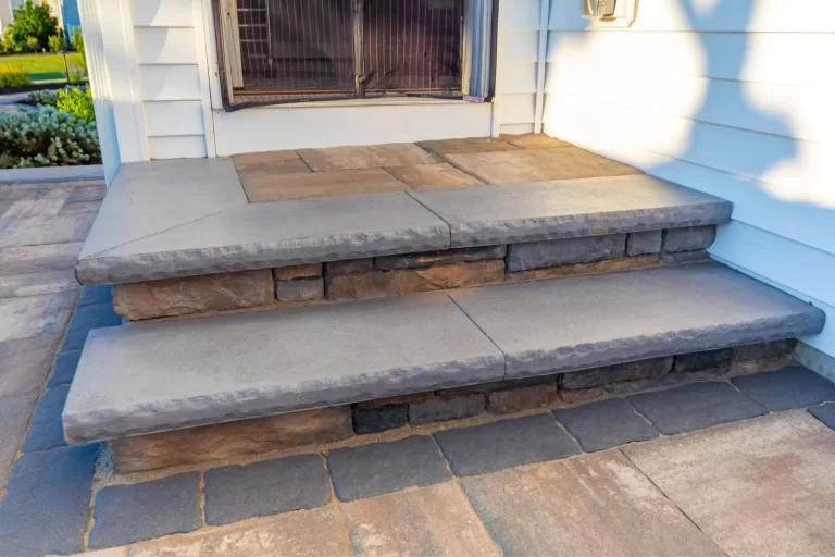 Two wide stone steps lead up to a door, surrounded by white siding and a stone patio.