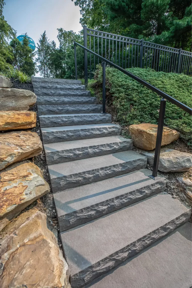 Stone steps with black railings ascend between rocks and greenery in an outdoor landscape.