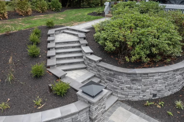 Stone steps with gray retaining walls and shrubs, leading up to a landscaped garden area.